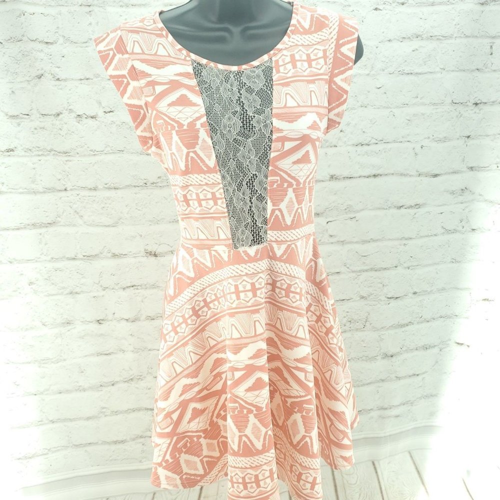 Sis Sis Womens Coral Cream Lace Aztec Print Fit And Flare Skater Dress Sz Small